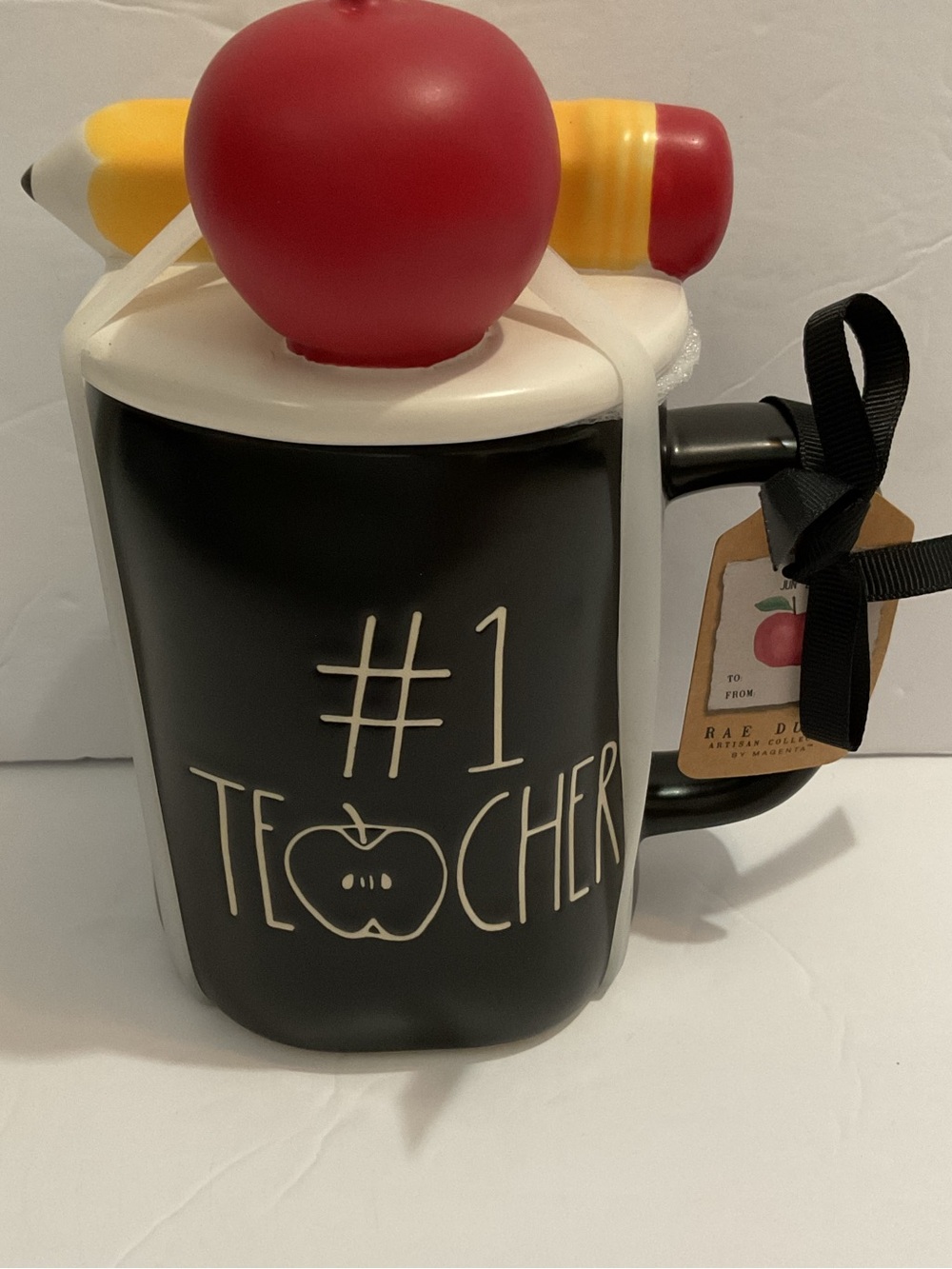 Rae Dunn Black “#1 Teacher” Ceramic Mug with Red Apple Lid and Yellow Pencil Top